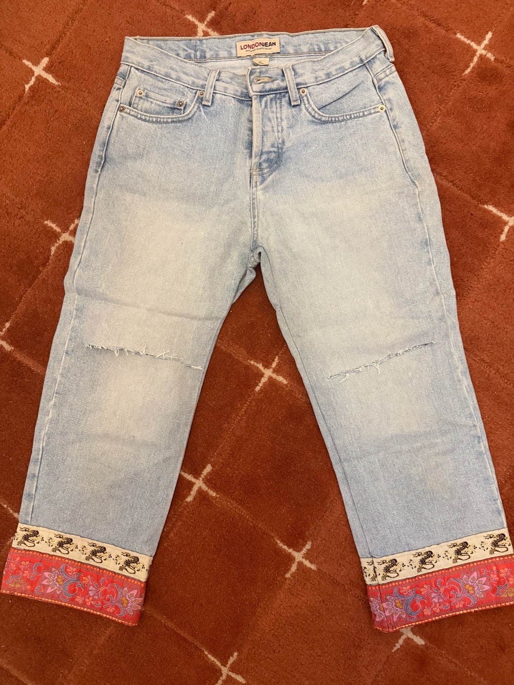 LondonJean Light Wash Cropped Jeans with Embroidered Cuffs